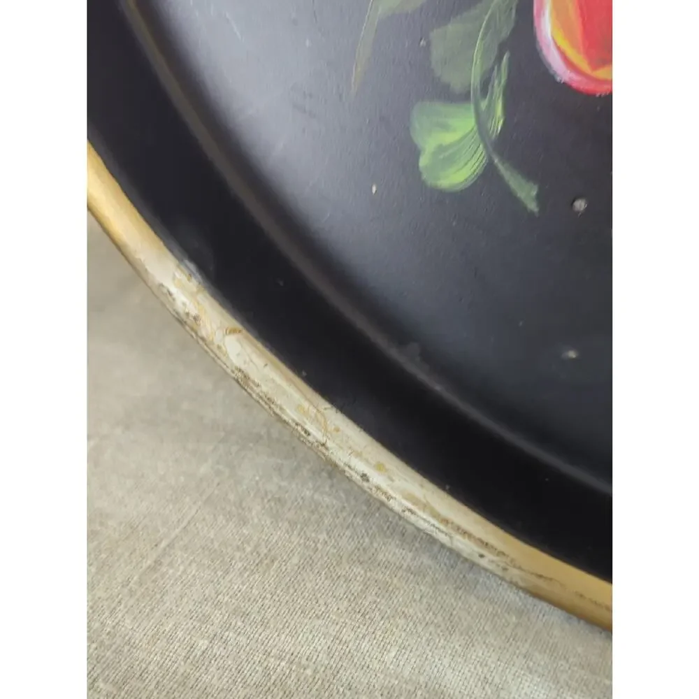 Vintage Handpainted Tole Style   Black Lacquer Metal Serving Tray Wall Decor